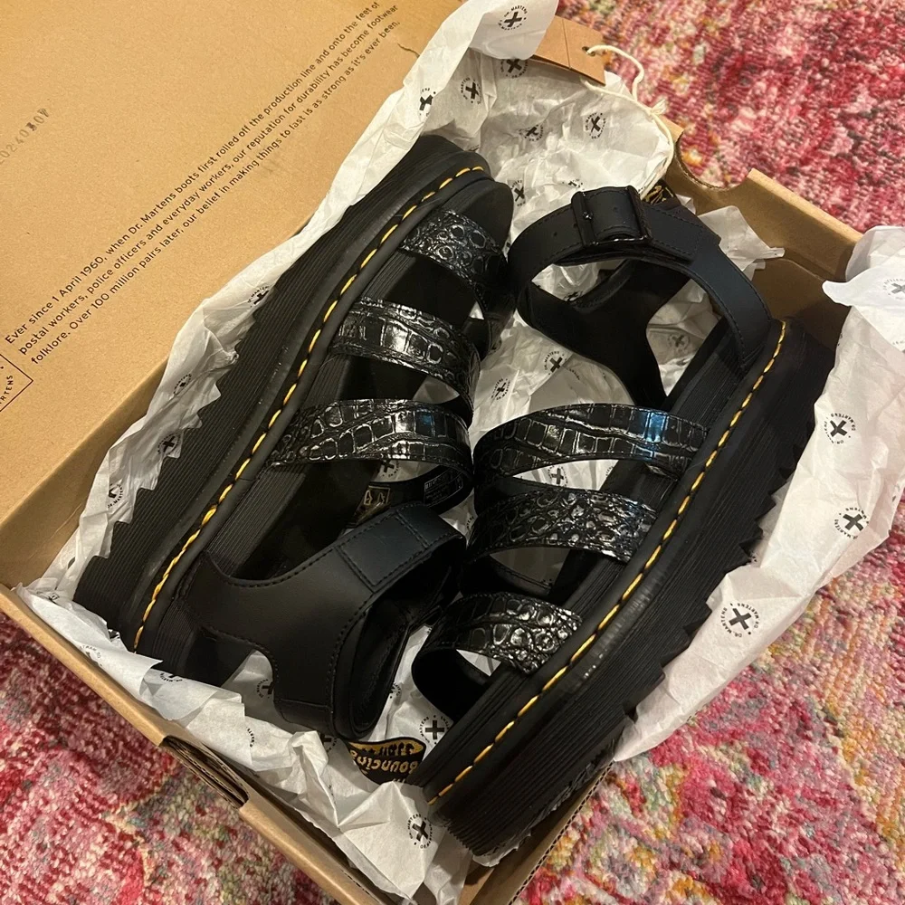 Dr. Martens Black Strappy Platform Sandals with Yellow Stitching - Picture 5 of 6